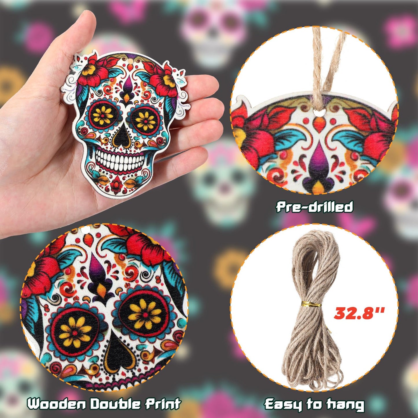 Vercraft 36 Pcs Sugar Skulls Ornaments for Christmas Tree Hanging Decoration Novelty Wood Double-Sided Printing Mexican Christmas Tree Skeleton Head Decor for Holiday Party Favor