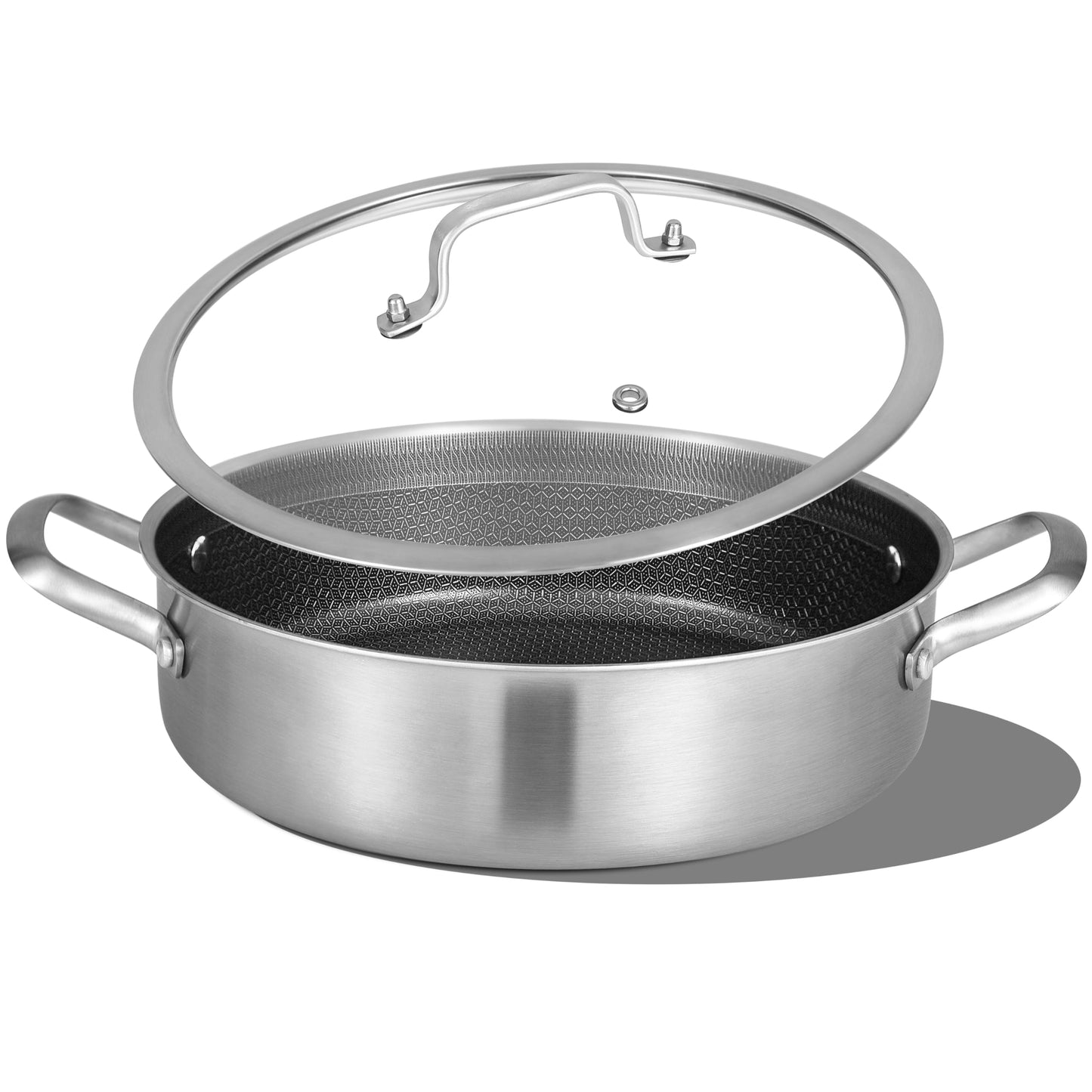 Inqibee 6 QT Hybrid Nonstick Saute Pan with Lid, Tri-Ply Stainless Steel 12 Inch Deep Frying Pan Cookware, Induction Compatible, All Cooktops, Oven & Dishwasher Safe