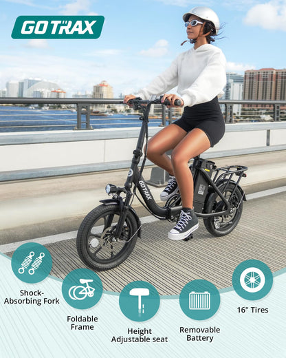 Gotrax S4 16" Folding Electric Bike, Max Range 28Miles(Pedal-Assist) &15.5Mph Power by 350W Motor, Front Suspension&Adjustable Seat and Handlebar, Commuter Electric Bicycle for Adults Black