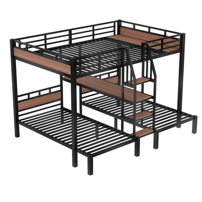 Bellemave Queen Over Twin Over Twin Bunk Bed with Stairs and Storage Shelf, Heavy Duty Triple Bunk Beds with Safety Guardrails, Metal Triple Bunk Bed Frame for 3 Kids, Teens, Black
