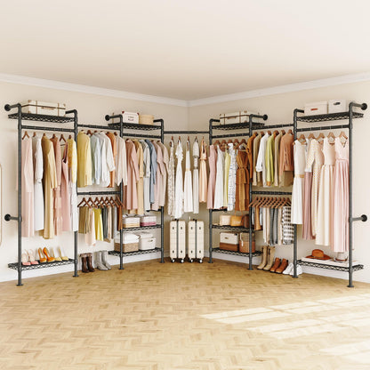 ONBRILL L7 Wall Mounted Industrial Pipe Clothing Rack – Heavy Duty Modular Closet System with 9 Hanging Rods (6 Expandable) & 10 Adjustable Shelves, Corner Garment Rack, Large Wardrobe - Black