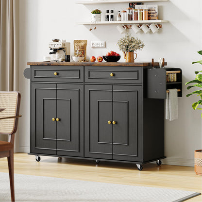 ComfyCorner 58" Rolling Kitchen Island with Storage, Island Table for Kitchen with Power Outlet, Multi-level Kitchen Islands on Wheels, Mobile Bar Cart with Spice Rack, Towel Rack, Knife Holder, Black