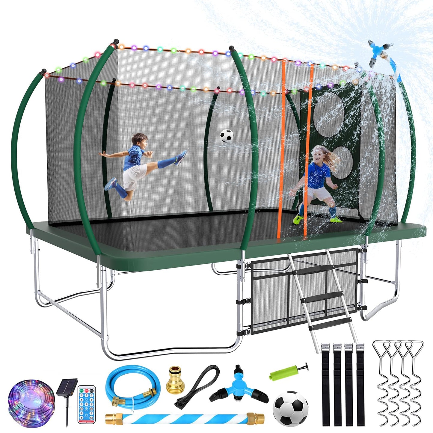 Lyromix 14FT Outdoor Rectangle Trampoline for Kids and Adults, Rectangular Trampoline with Curved Poles, Pumpkin Trampolin with Light, Sprinkler, Soccer and Storage Bag