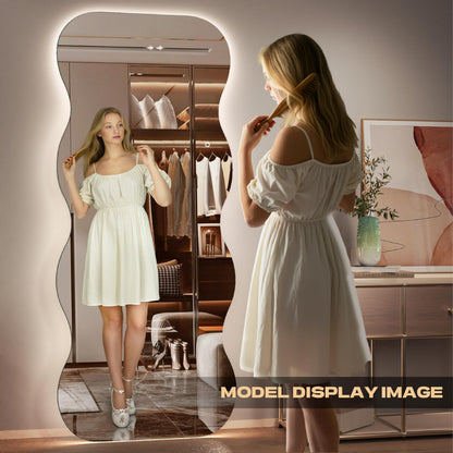 Hasipu Wavy Full Length Mirror with Lights - 71"×31" LED Wavy Floor Mirror, Frameless, Dimmable, Standing or Vertical/Horizontal Wall-Mounted Mirror for Bedroom, Living Room, Cloakroom
