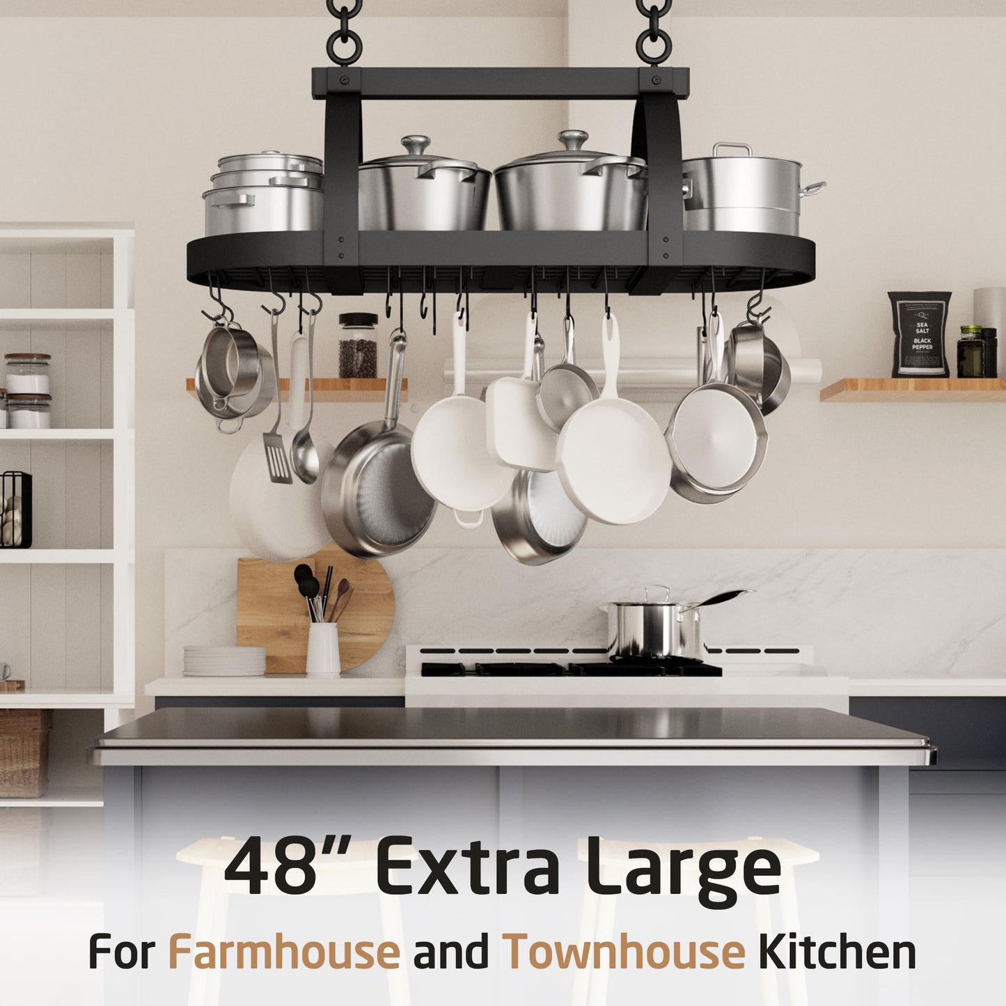 KES 48 Inch Large Hanging Pot Rack, Heavy Duty Oval Pot and Pan Hanging Rack Ceiling Mount, Pot Pan Hangers for Kitchen with 20 Hooks, Matte Black, (For 16" and 24" Joist Mount), KUR225S122-BK