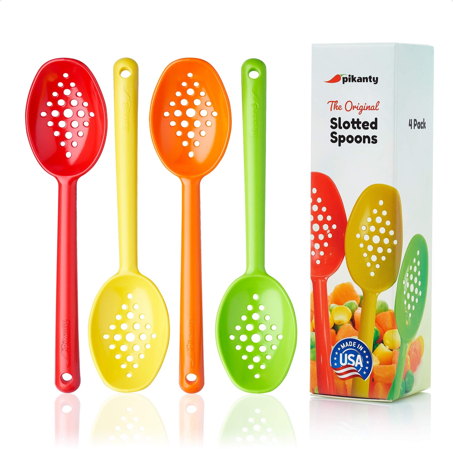 Olive and Pickle Spoon Set of 4, 7-Inch Small Slotted Serving Utensils for Jars, Perfect for Olives, Pickles, Capers, Pickled Beets, Pepperoncini, Cherries, Dishwasher Safe, Made in USA by Pikanty