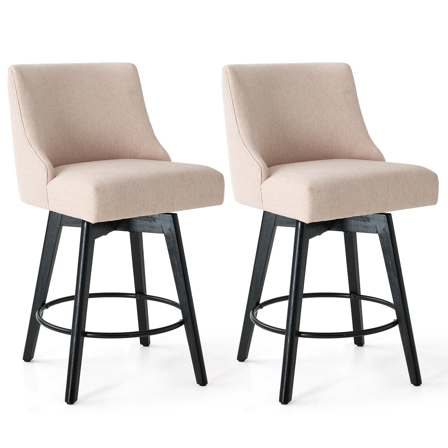 Vipbear Counter Height Bar Stools Set of 2, Modern Linen Fabric Swivel Barstools with Contoured Backs and Solid Wood Legs, 26" Seat Height Upholestered Bar Chairs for Kitchen Island, Flax Beige