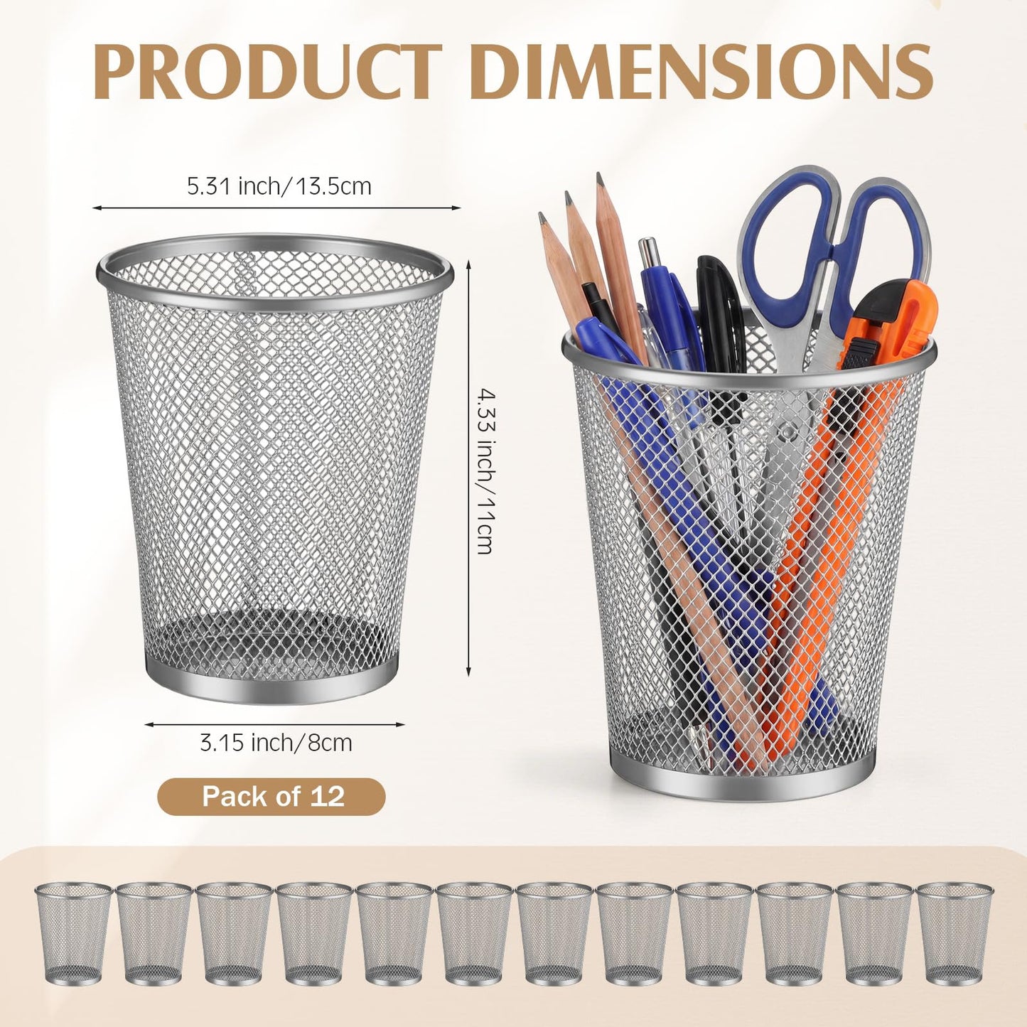 Poola Voidra 12 Pack Mesh Pen Holder Metal Pencil Cup for Desk Round Pen Holder Desktop Pencil Basket Multifunctional Organizer for Office Home Makeup Brush Tabletop, Silver