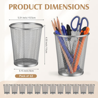 Poola Voidra 12 Pack Mesh Pen Holder Metal Pencil Cup for Desk Round Pen Holder Desktop Pencil Basket Multifunctional Organizer for Office Home Makeup Brush Tabletop, Silver