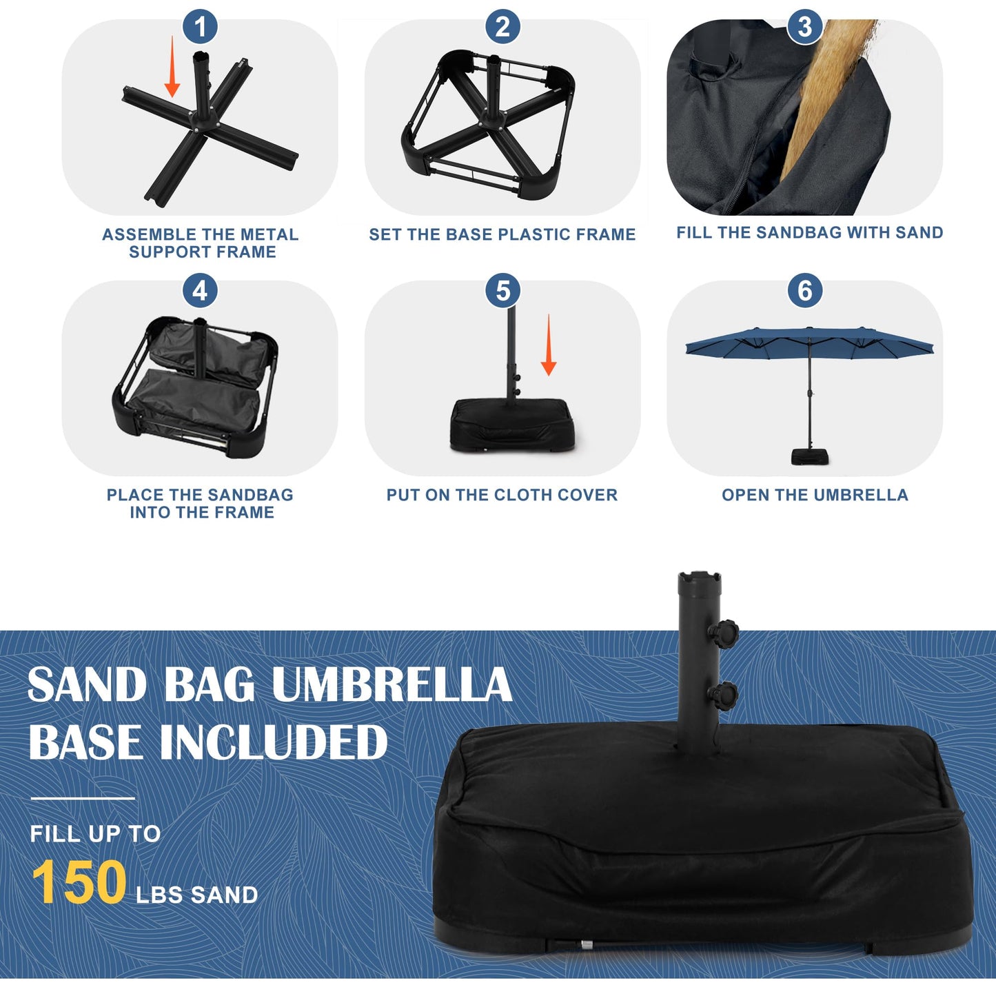 Sundale Outdoor Solar 15 ft 144 LED Olefin 5-Year-Non-Fading Patio Umbrella with Sandbag Base Included and Cover, Outdoor Double-Sided Umbrella with Lights, Navy