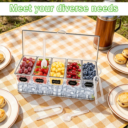 Hlimior 36 pcs Ice Chilled Condiment Server Caddy Bar Fruit Caddy with Lid, 5 Removable Compartments Plastic Storage Food Container Clear Ice Condiment Serving Tray for Party, Toppings Bar Container