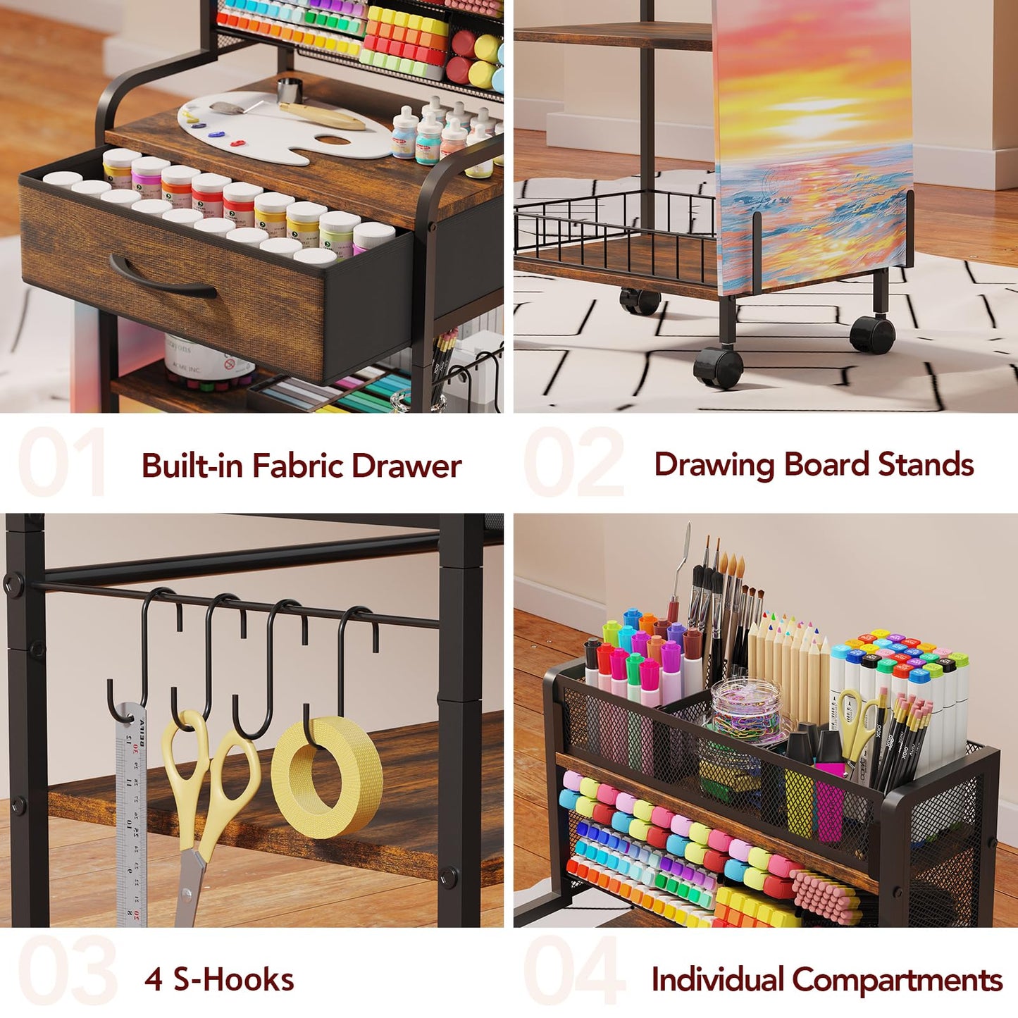 Homsorout Art cart, 3 Tier Rolling Cart - Utility Cart with Storage Drawer and Wheels, Versatile Art & Craft Organizer for Home, Office, or Studio Ideal for Storing Brushes, Paints （Brown）