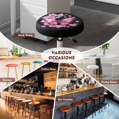 Peach Blossom Bar Stool Covers, Removable Washable Butterfly Print Round Stool Cushion Covers for Dining Room Set of 2
