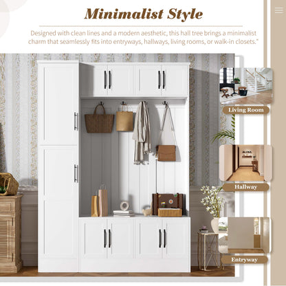 Merax Farmhouse Wood Hall Tree with Shoe Bench & 6 Cabinets, 4-in-1 Coat Rack with 4 Hooks & Adjustable Shelves, Entryway Storage Organizer Cabinet for Entrance, Hallway, Mudroom White