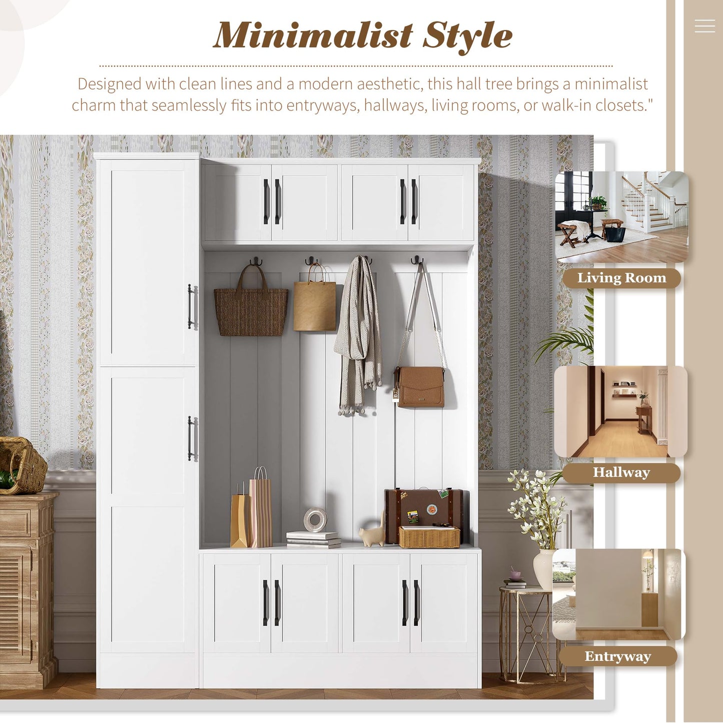 Amposei 79’’ Tall Hall Tree with Storage Bench & Coat Rack Modern Entryway Organizer Cabinet with Doors, Hooks & Adjustable Shelf for Hallway Living Room Furniture, White