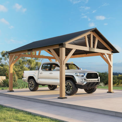 LUXOAK 13x15 FT Wood Gazebo, Hardtop Pergola with Steel Gable Roof, Outdoor Gazebo with Guest House for Garden, Porch, Patio, Black + Natural Wood