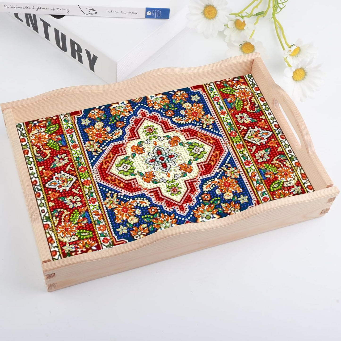 DOTSOPS 5D Diamond Art Kits for Adults Wooden Serving Tray with Handle Special Diamond Painting Plate Big Gem Dots Paint by Numbers Crafts Kits for Living Room Mandala 12 x 16 Inches