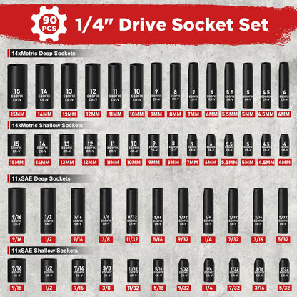 EGOFIX 90PCS 1/4" Drive Impact Socket Set Metric 4-15mm and Standard SAE Size (5/32"-9/16"), with 72-Teeth Ratchet, Screwdriver Bit Set, Mechanics Tool Kit for Home Use and Automotive Repair