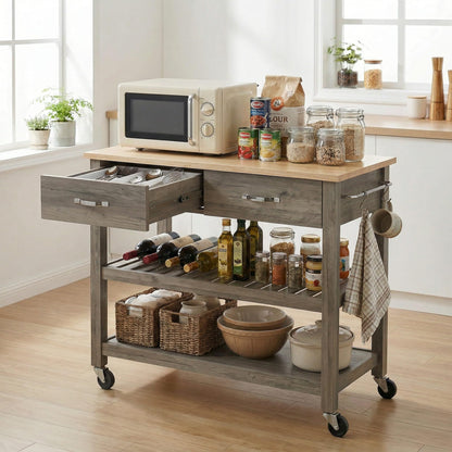Casaphoria Amanda Collection Solid Wood Kitchen Island, 42" Butcher Block Cart with Rubberwood Top & Locable Wheels, Prep Table for Small Spaces (Weathered Gray)