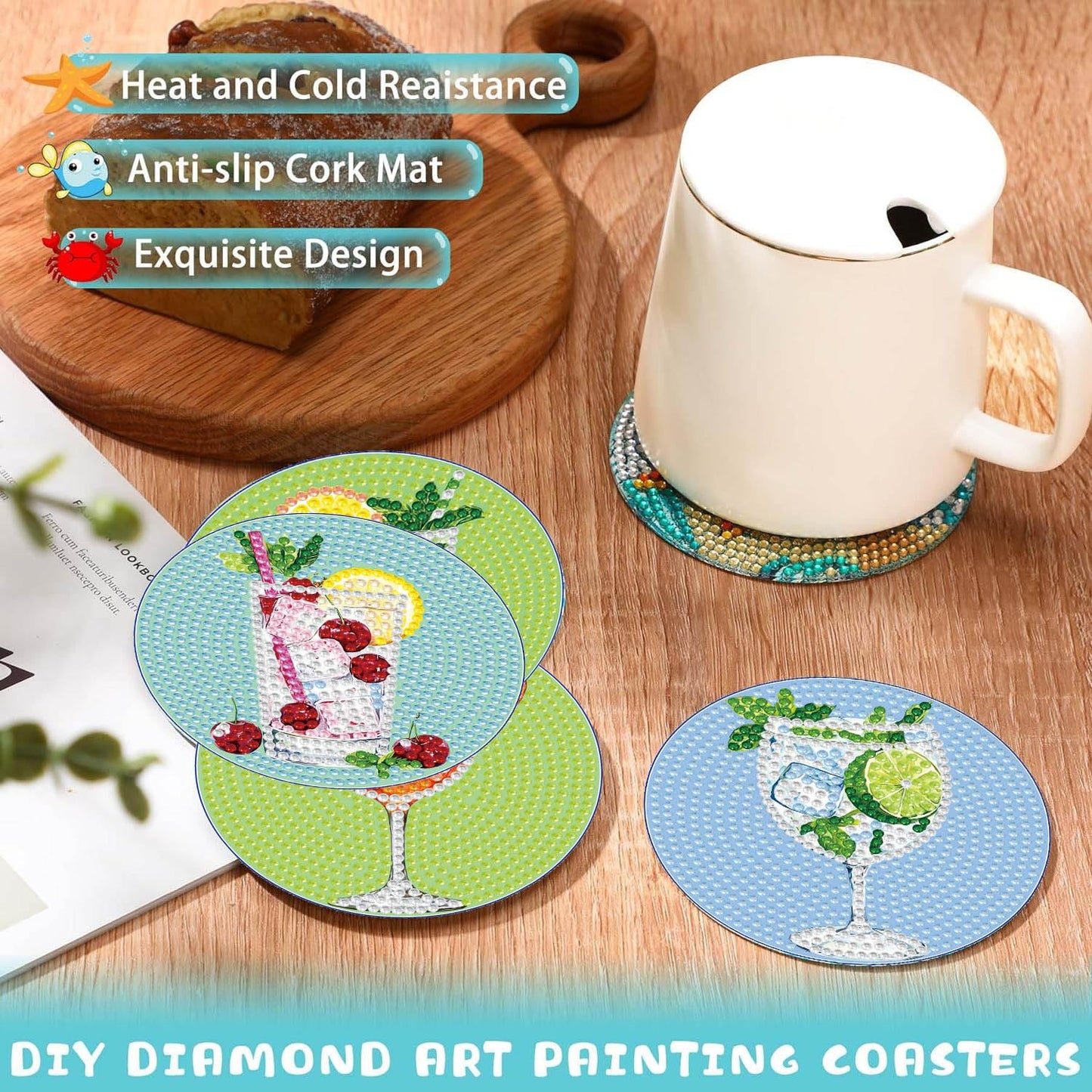 Dlylust 8 PCS Cocktail Diamond Art Coasters Kits, Diamond Painting Coasters with Holder Set of 8, DIY Drink Art Crafts Supplies for Adults Cup Mat House Warming Gifts Non-Slip 3.9inch