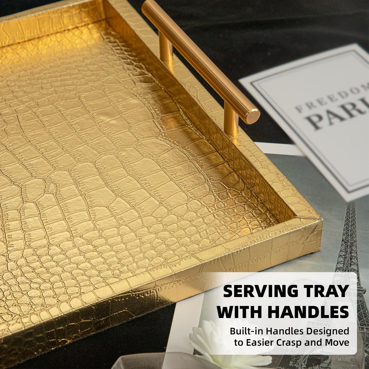 JUMBO HUMBLE Modern Elegant Large Wood Serving Tray, Set of 2 Gold Crocodile Leather with Gold Polished Metal Handles, Home Decorative Rectangle Ottoman Decor Platter Living Room Bathroom Vanity Tray