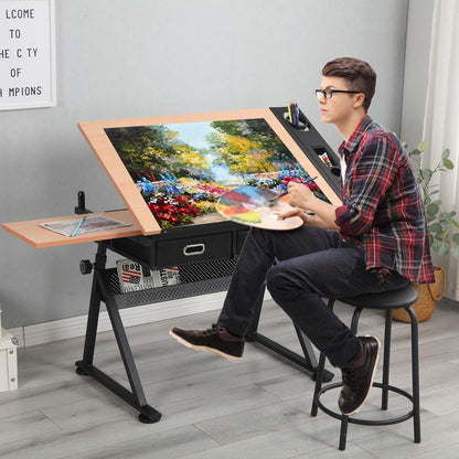 Waful Height Adjustable Drafting Draft Drawing Art Table Desk Tiltable Tabletop Art Craft Paintings Work Station Artist Table for w/ 2 Storage Drawer for Reading, Writing Art Craft Work Station