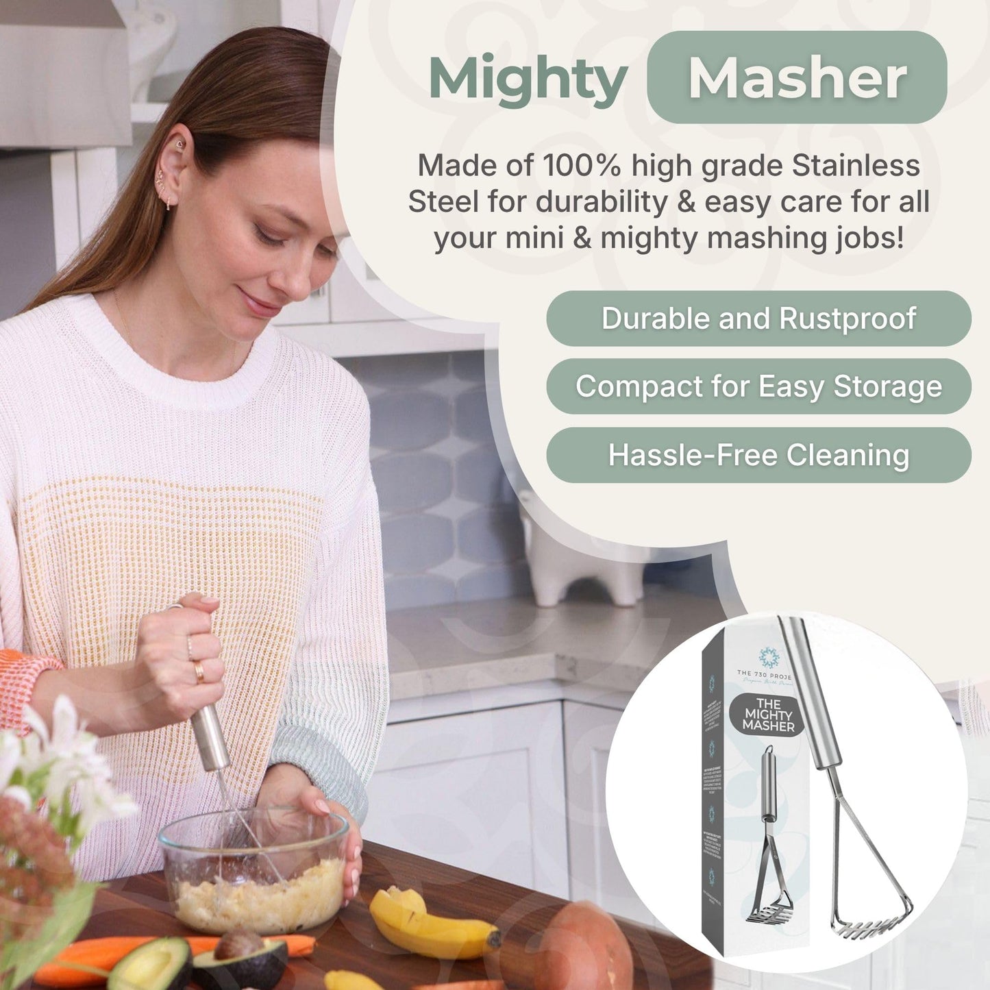 The 730 Project Mighty Masher, Baby Food Masher for Starting Solids Essentials, Baby-Led Weaning Mini Avocado and Potato Masher, Stainless Steel Potato Smasher Tool