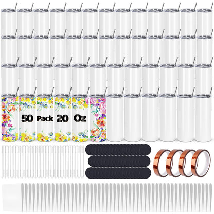 Maucircol 50 Pack Sublimation Tumblers Bulk, 20 oz Stainless Steel Tumbler Blank with Lid and Straw, Individually Boxed