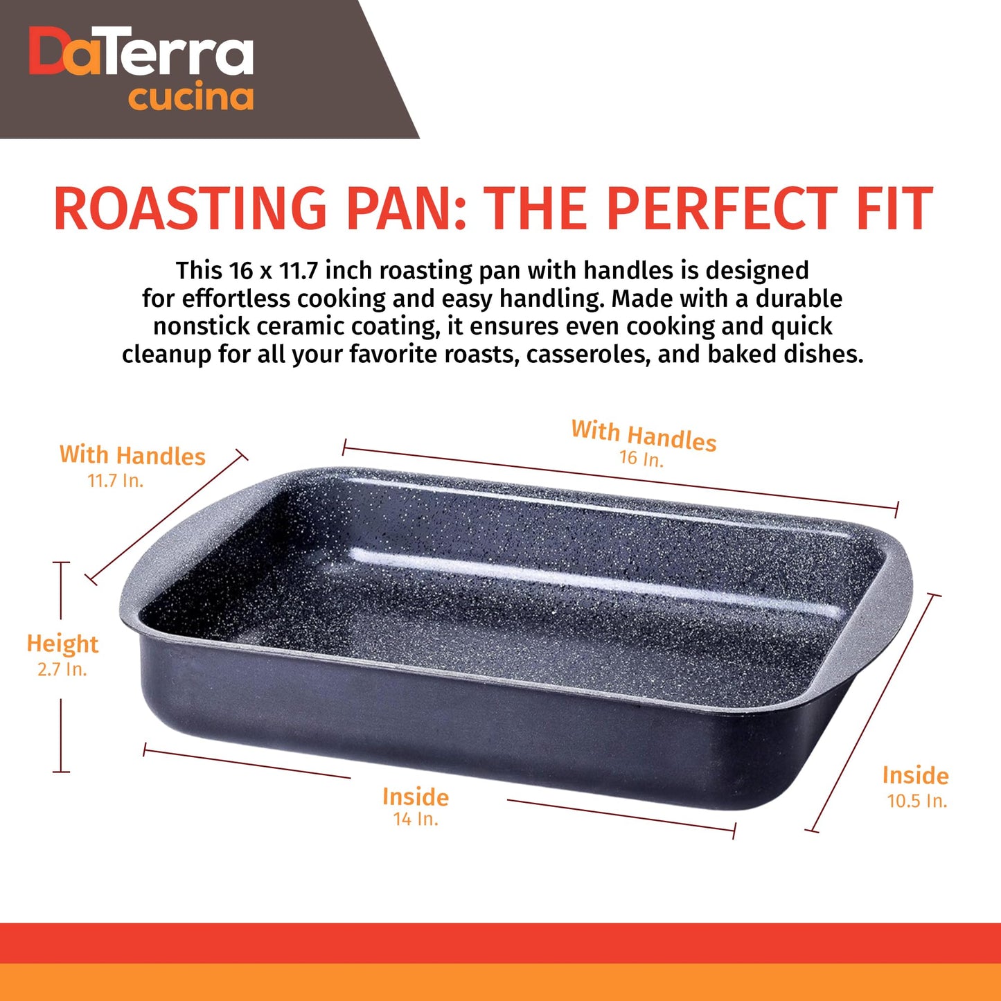 DaTerra Cucina Nonstick Roasting & Lasagna Pan – 16"x12"x3", Ceramic-Coated, Oven & Stovetop Safe to 600°F, Sturdy Base, PTFE, PFOA & Lead-Free, Durable & Stylish Deep Roasting Tray - Made in Italy