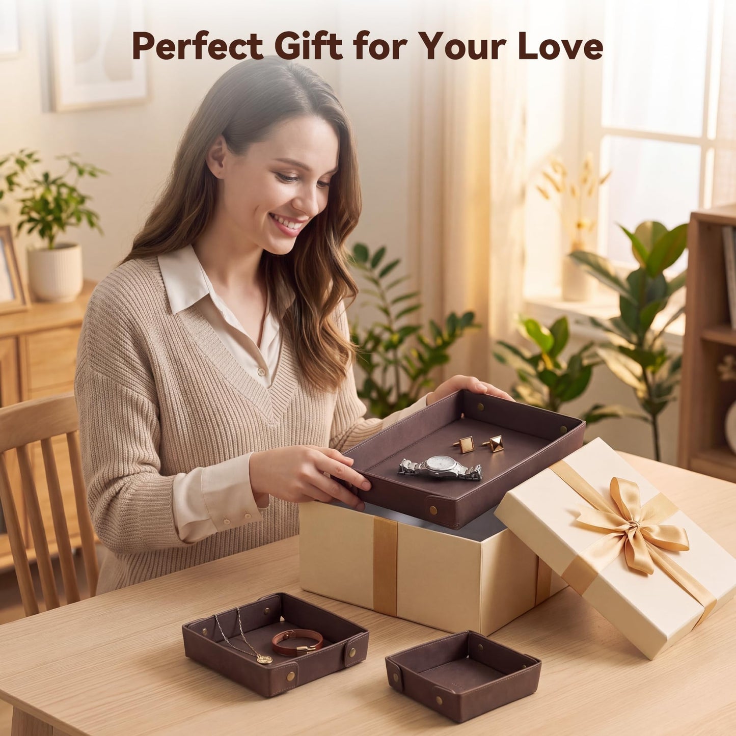 3Pack Mens Valet Tray, Foldable PU Leather Catch All Organizer for Desk, Entryway, Holds Keys, Wallet, Watch, Jewelry, Phone (Brown)
