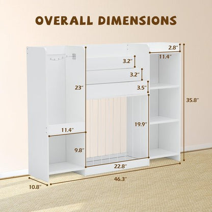 Kids Toy Storage Organizer with Bookshelf, Toy Shelf with 4 Open Cubbies, Clothing/Racket Hanging Hook Area & Stuffed Animal Cage, Large Wooden Organizer Storage Chest for Playroom Bedroom Nursery