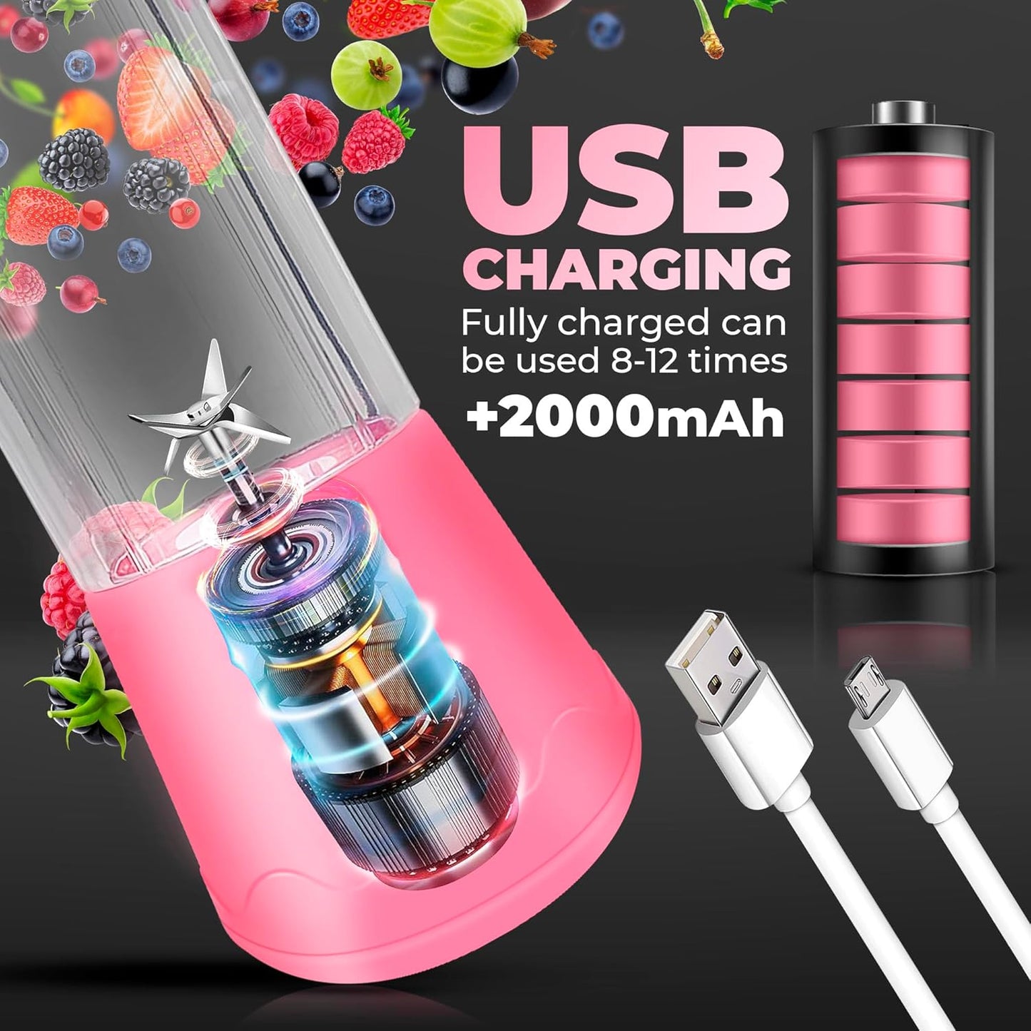 Portable Blender, Compact USB Rechargeable Personal Travel Blender for Smoothies, 380ml, Pink