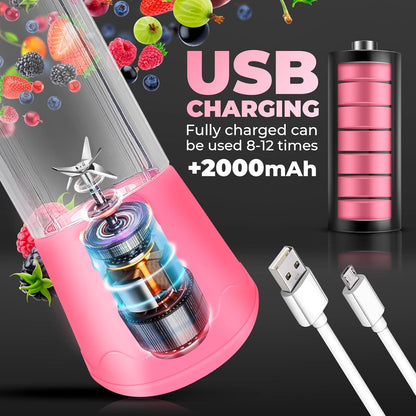 Portable Blender, Compact USB Rechargeable Personal Travel Blender for Smoothies, 380ml, Pink