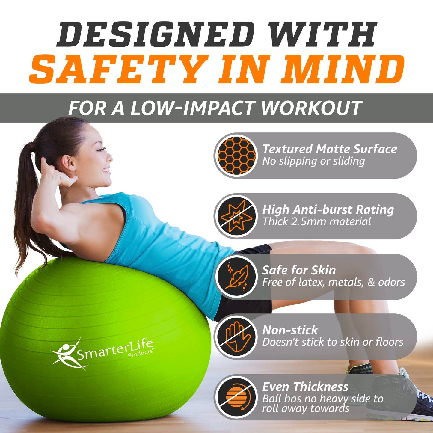 SmarterLife Exercise Ball Yoga Ball for Fitness, Balance, Stability, or Pregnancy, Gym Ball for Core Workout, Physical Therapy, Yoga Ball Chair for Office, Anti-Slip Anti-Burst
