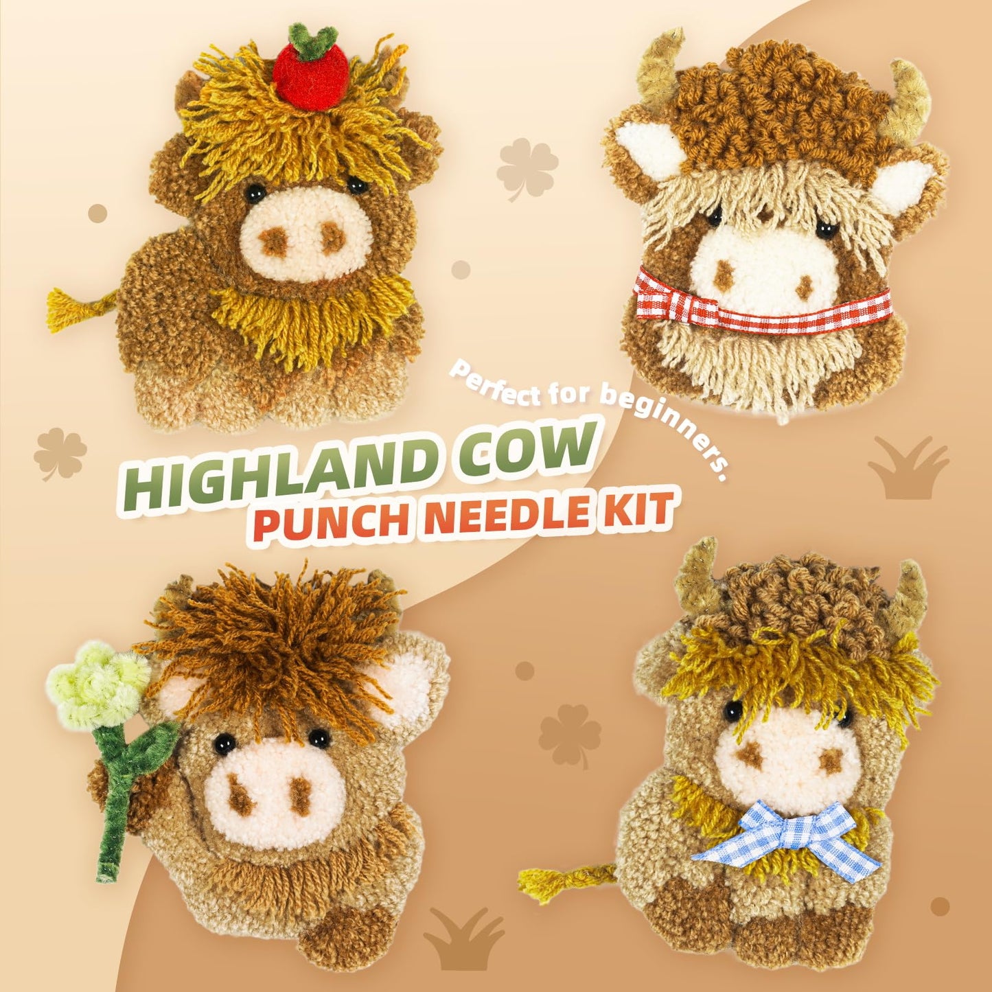 Punch Needle kit-4,Embroidery kit for Beginners,Punch Needle Kits Adults Beginner,Needles, Curved Scissors, a Tool Storage Box, Yarn, Easy-to-Follow Instructions, and Tutorial Videos(4 Highland Cow)