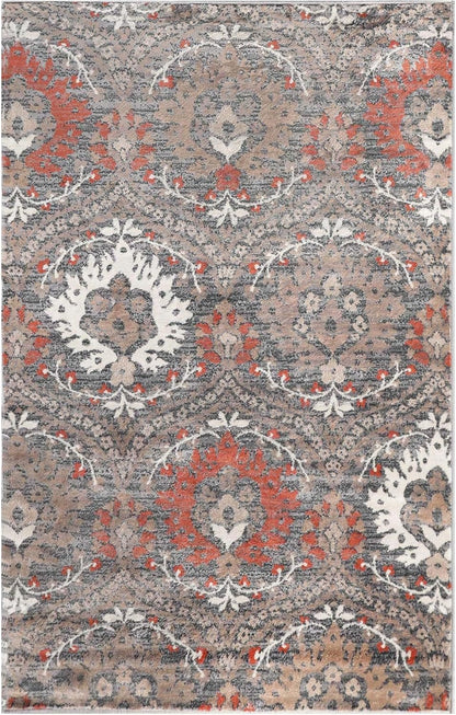 Superior Indoor Area Rug, Modern Oriental Floral Damask, 4' x 6', Jute Backed, Grey Brown for Living Room