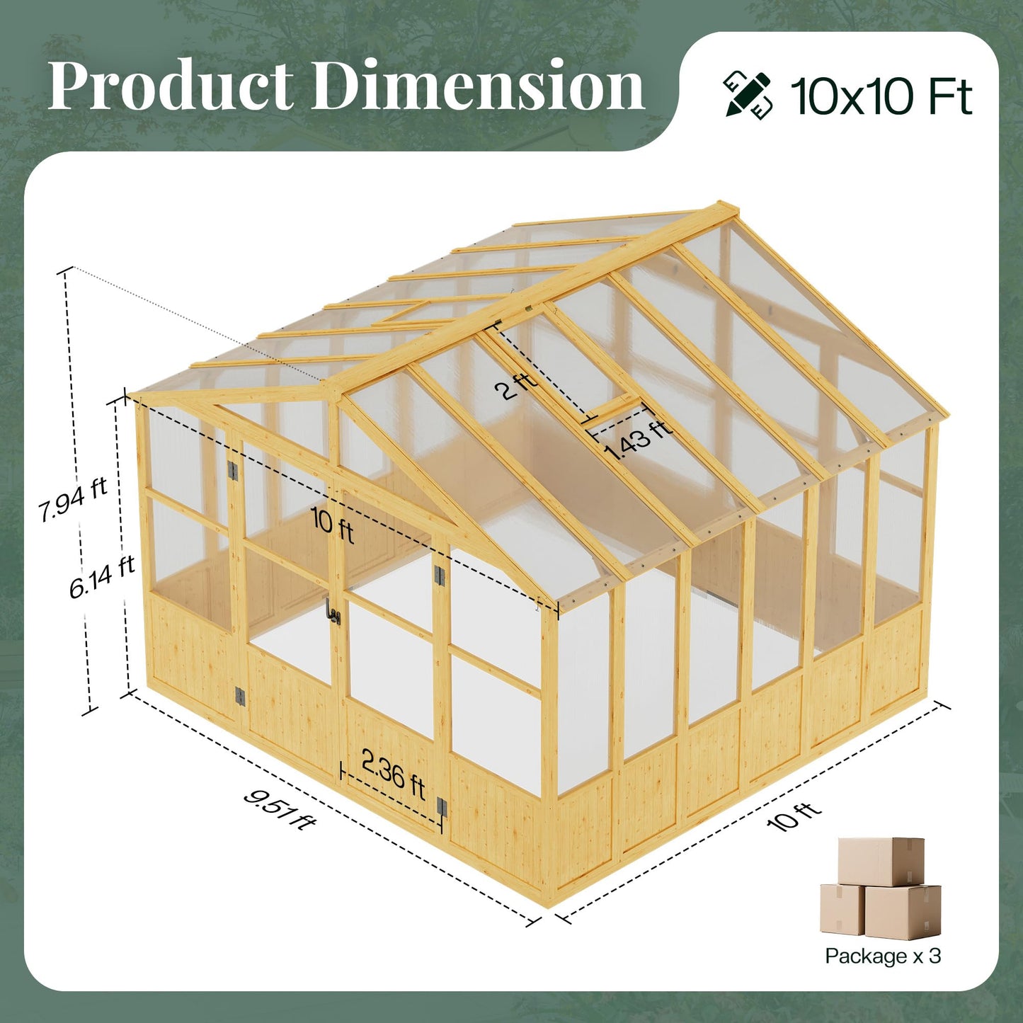 Jocisland 10x10 Ft Wood Greenhouse, Wooden Greenhouse for Outdoors with Lockable Door, Walk-in Cedar Greenhouse with Adjustable 2 Roof Vents, Polycarbonate Greenhouse for Outdoors, Garden, Backyard