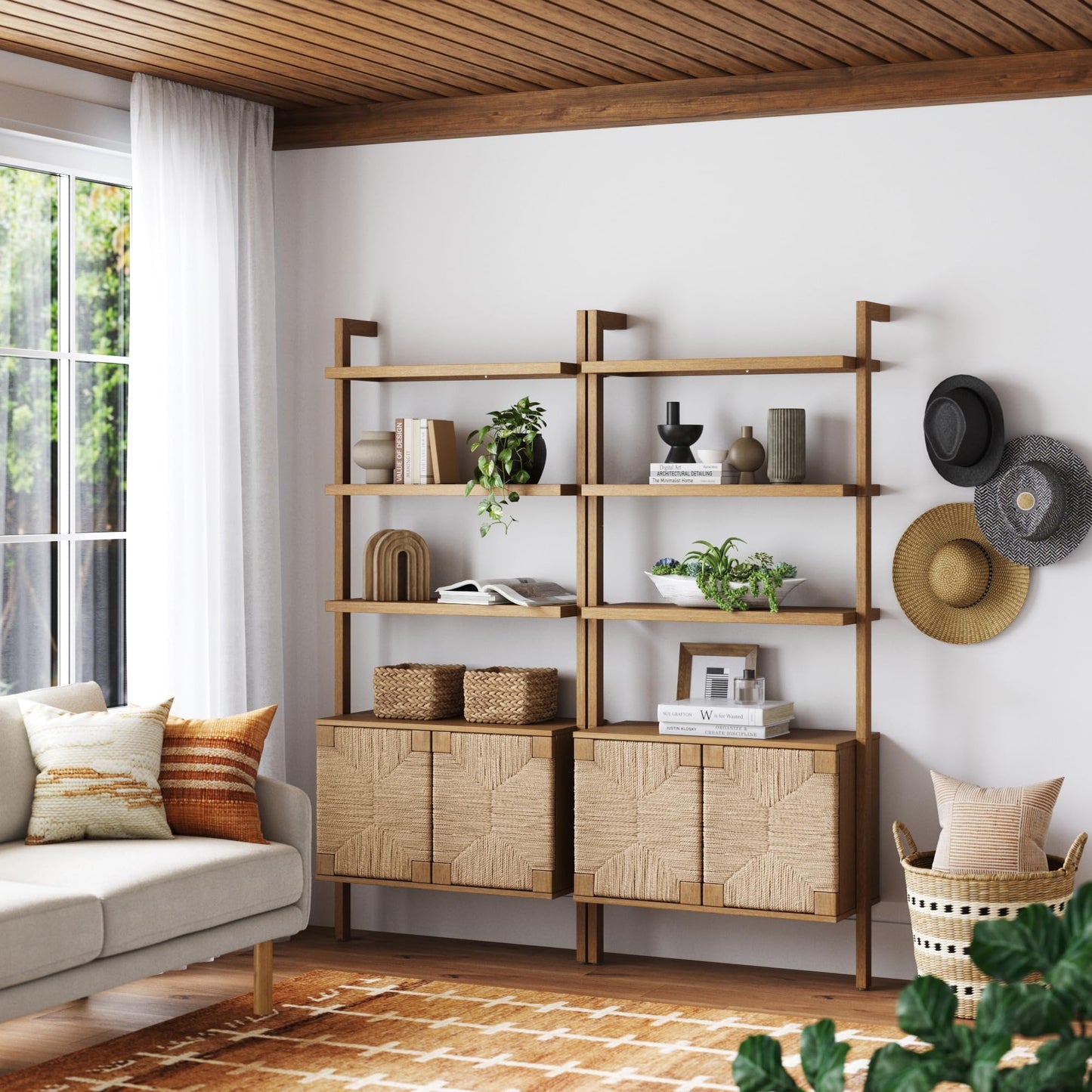 Nathan James Beacon 3-Shelf Solid Wood Bookshelf with Storage Cabinet, Bohemian Wall Mounted Shelf with Seagrass Door Fronts, Set of 2