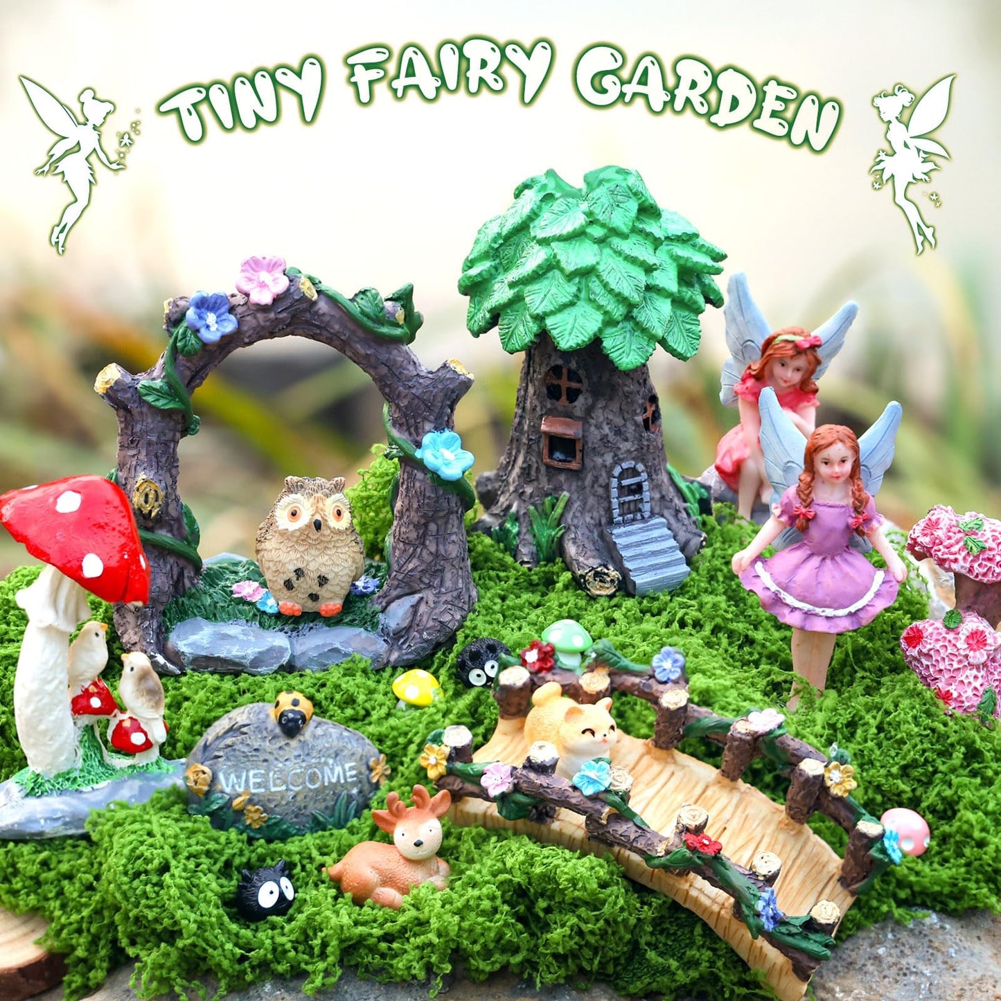 44 Pcs Fairy Garden Kit Miniature Fairy Garden House Accessories with Resin Elves Animal Plant Furniture Tiny Figurines Decor, Enchanted Spring Micro Landscape Ornaments for DIY Dollhouse Terrarium