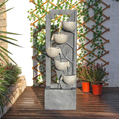 49.61’’H Waterfall Garden Fountain Outdoor 6-Tiered Modern Floor Standing Water Fall Fountains Indoor Cascading Bowl Water Feature with LED Lights Natural Stones for Living Room Office Home Decor