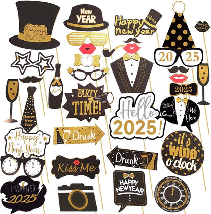 New Years Photo Booth Props - Champagne Bottle, Clock, Wine Glasses Cutouts for 2025 NYE Party Decorations