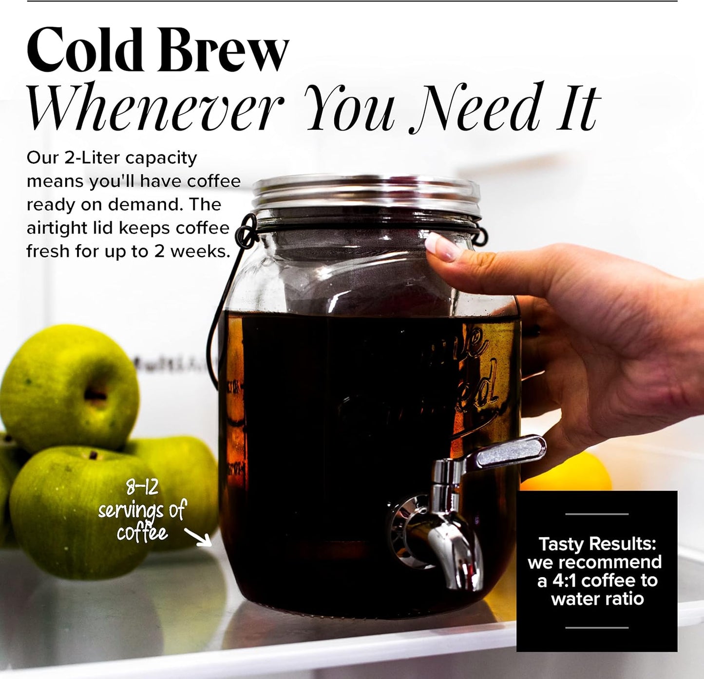 Willow & Everett Cold Brew Coffee Maker - 2 L Iced Tea & Coffee Maker with Glass Pitcher, Stainless Steel Spout,