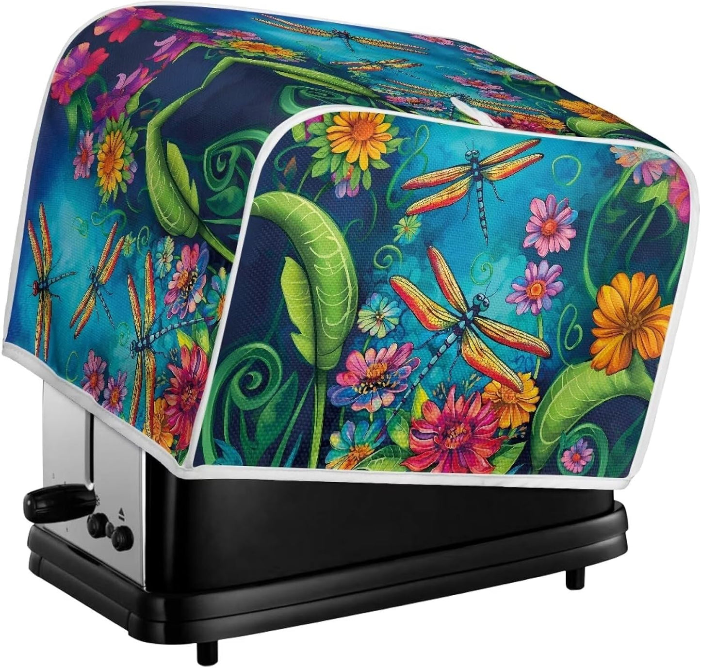 Dragonfly Flower Printed Toaster Cover, 2 Slice Long Slot, Washable Dust Protection for Kitchen Small Appliances