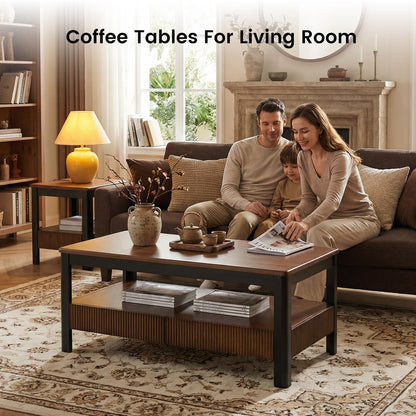 39.4" Walnut Solid Wood Coffee Table for Living Room,Mid Century Modern Real Wooden Fluted Coffee Table with 2 Drawers & Open Shelf Storage for Home Office,Oak Rectangle