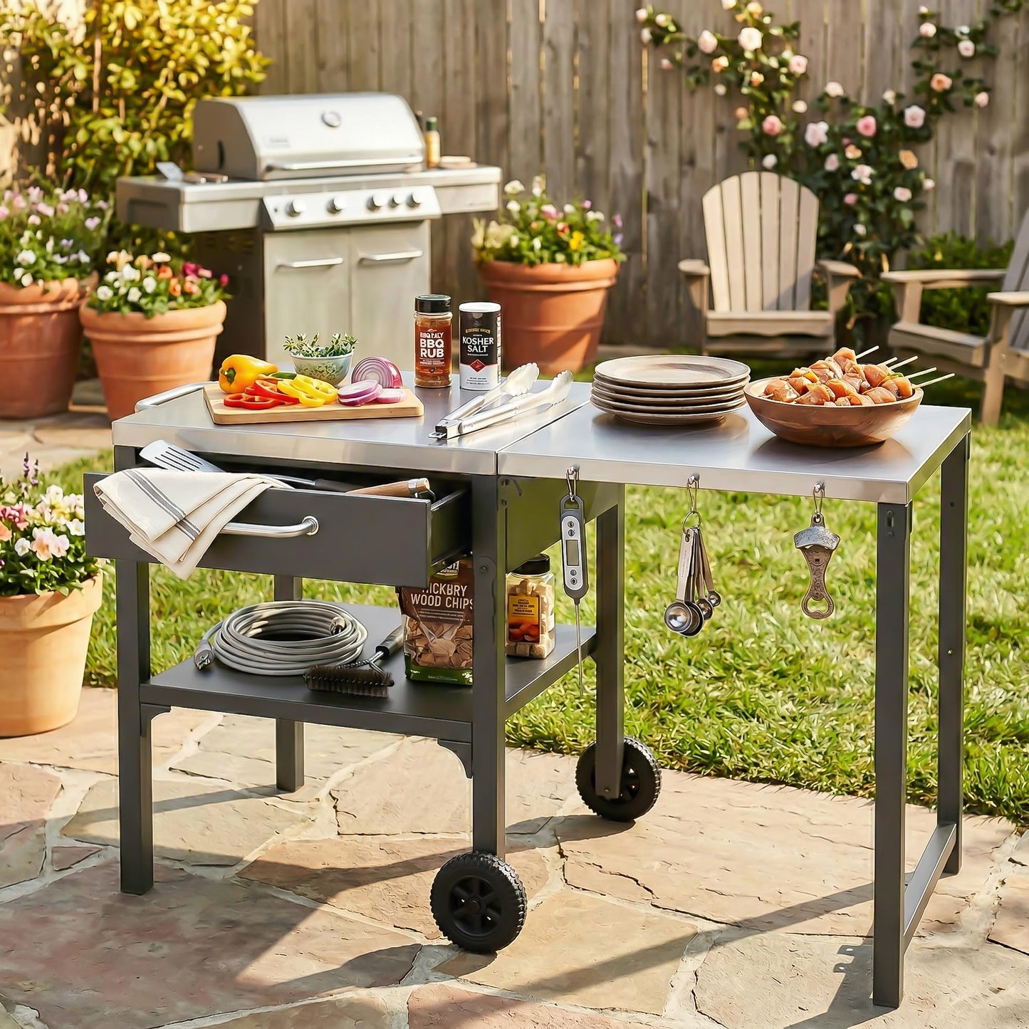GDFStudio Outdoor Folding Kitchen Cart with Stainless Steel Top, Rolling Grill Prep Table with Drawer and Shelf, Portable Serving Cart with Wheels for Patio Backyard BBQ Cooking Station, Grey