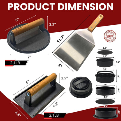 Gamalou® Smashed Burger Press BBQ Kit: 7" Black Round & 8.2x4.3 Rectangle Cast Iron Bacon Press, 3 in 1 Patty Maker, Spatula 6x5, Burger Press Griddle Set for Blackstone, Traeger, Grills, Fry Pan