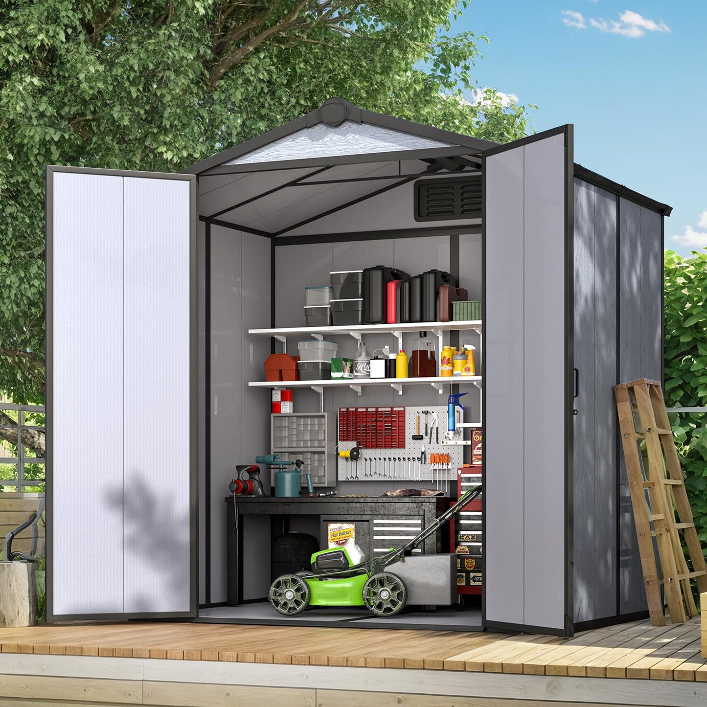 DNYKER 6x4 FT Resin Outdoor Storage Shed, All-Weather Plastic Garden Shed with Floor, Lockable Doors & Windows, Plastic Tool Shed for Poolside, Backyard, Patio