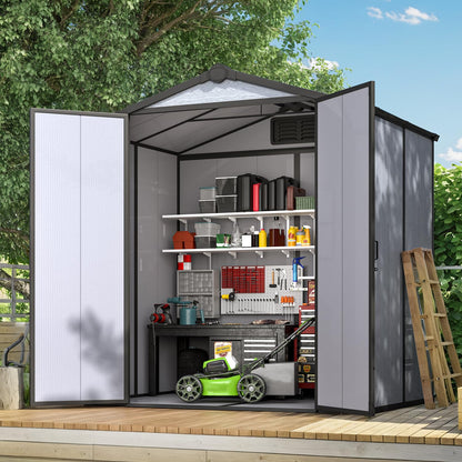 DNYKER 6x4 FT Resin Outdoor Storage Shed, All-Weather Plastic Garden Shed with Floor, Lockable Doors & Windows, Plastic Tool Shed for Poolside, Backyard, Patio
