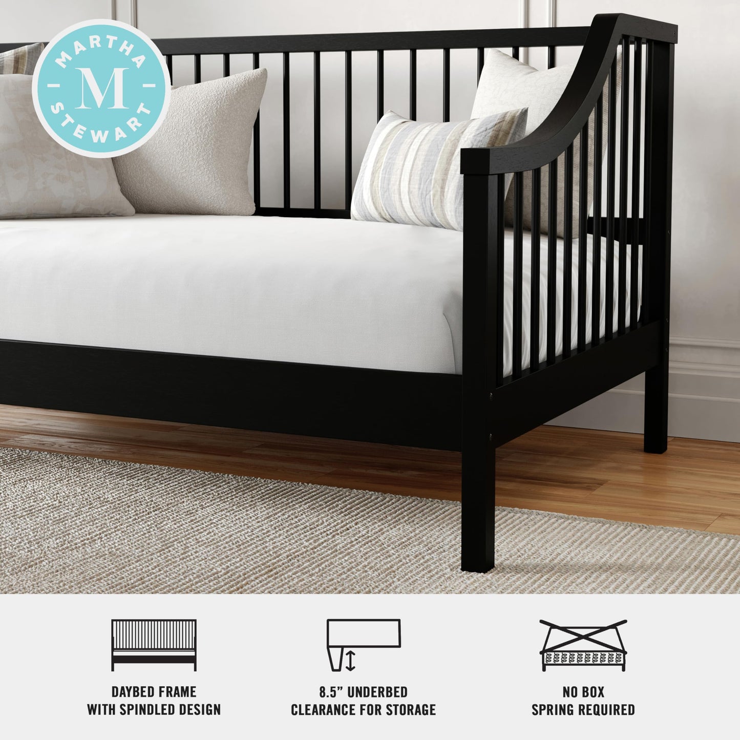 Martha Stewart Neely Platform Daybed with Wood Spindles, Solid Wood Frame, No Box Spring Needed, Twin Size, Black