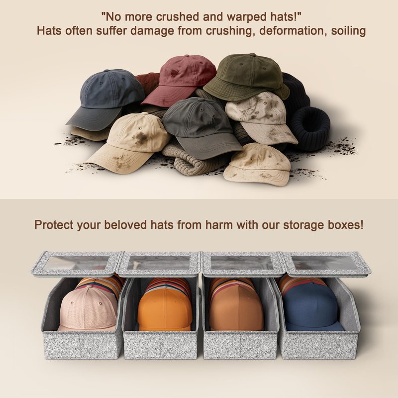 WYZJC 4 PCS Hat Organizer for Baseball Caps, Multi Functional Storage Box (Accommodates 48 Hats) with Visible Window and Zipper - Gray